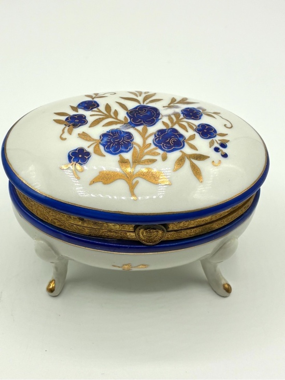 Vintage Isco Porcelain Trinket Box Blue Floral Gold Tone Footed Vanity Box